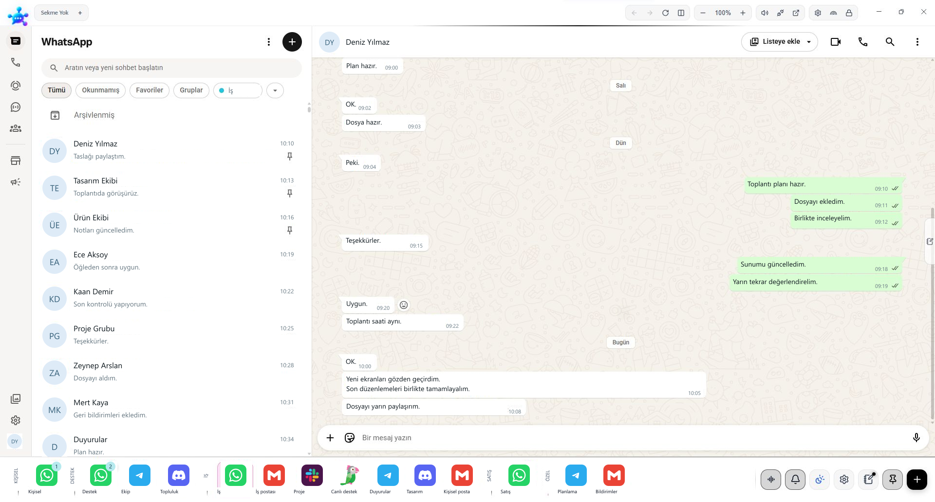 Gerçek HubMSG penceresinde kişisel içerikleri değiştirilmiş WhatsApp sohbeti ve hesap çubuğu.