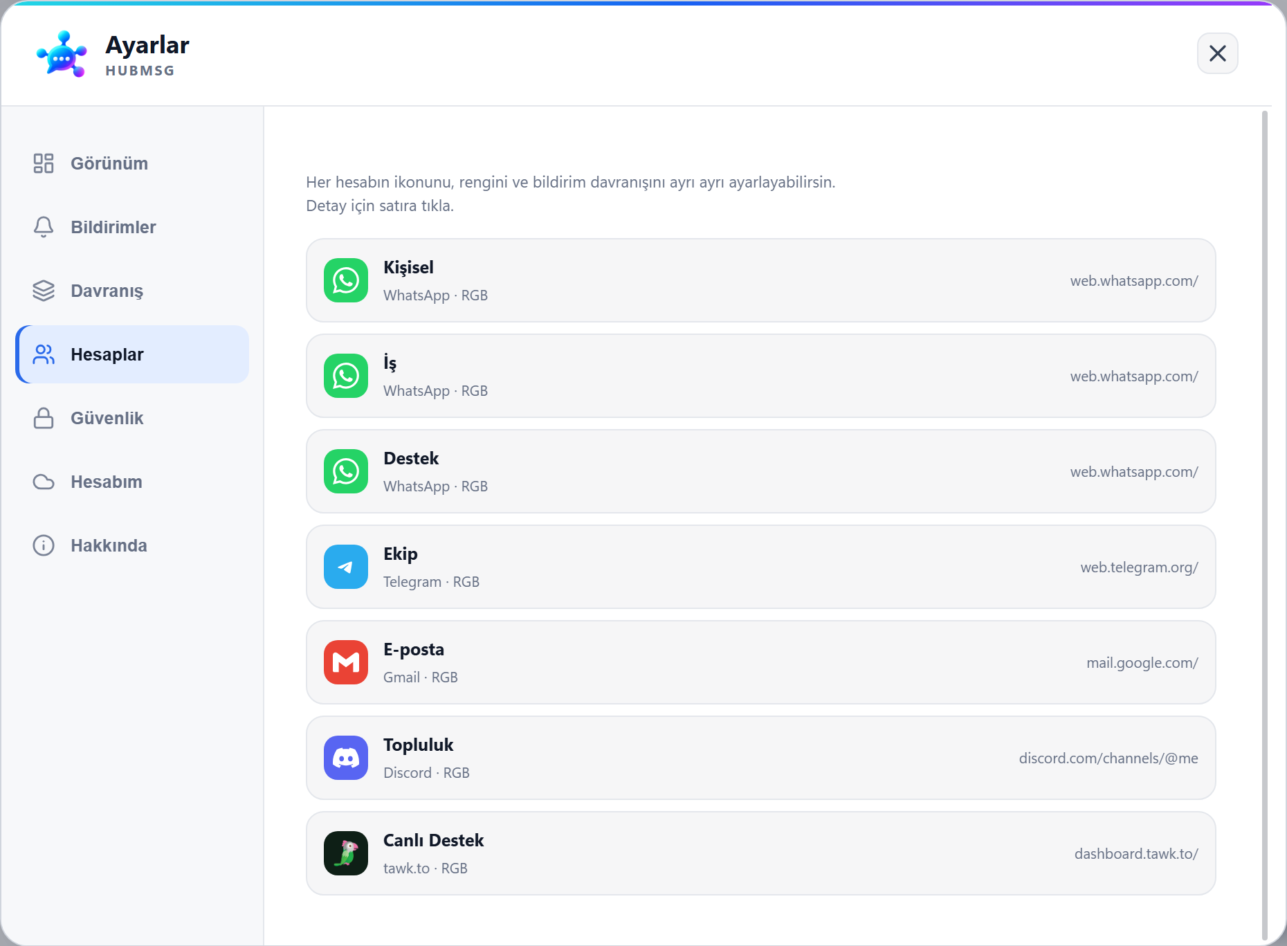 Gerçek Hesaplar ayarlarında üç WhatsApp hesabı, Telegram, Gmail, Discord ve tawk.to listesi.